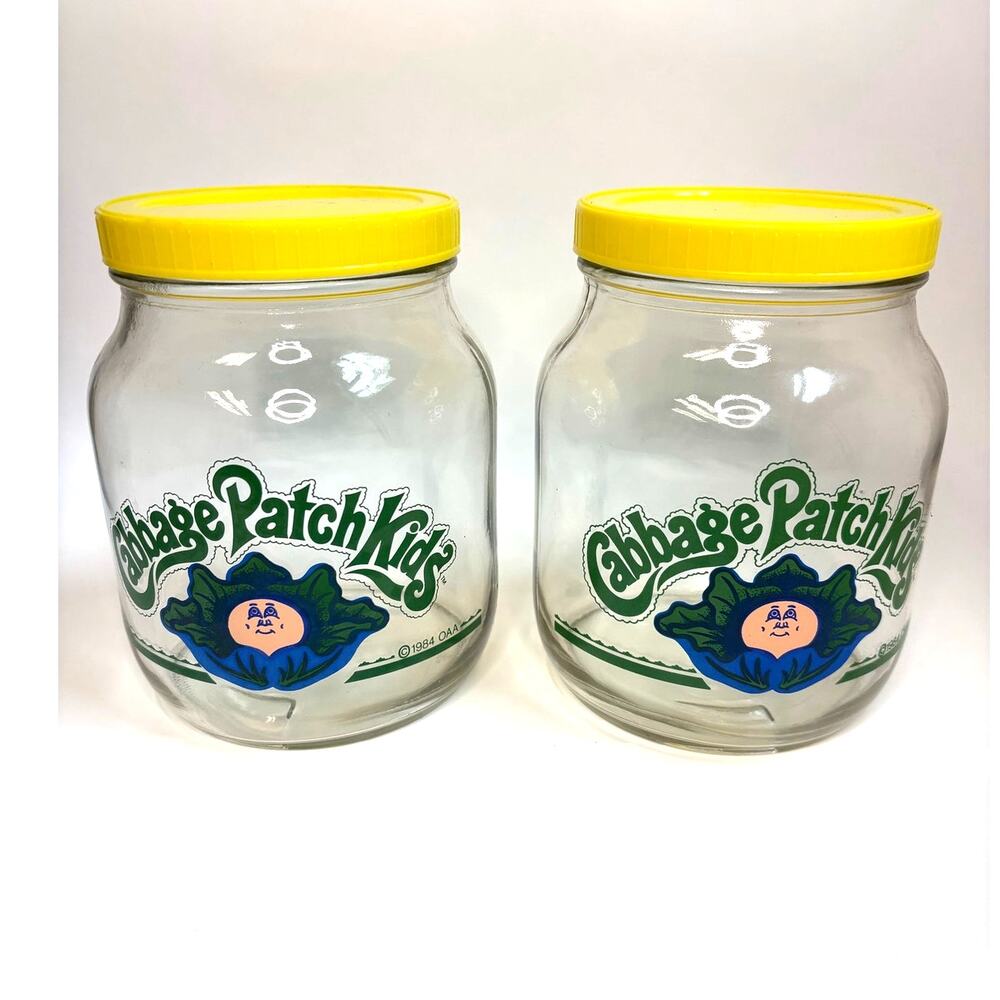 1984 Cabbage Patch Kids Glass Storage Jars Pair 1/2 Gallon Yellow Lids Wheaton